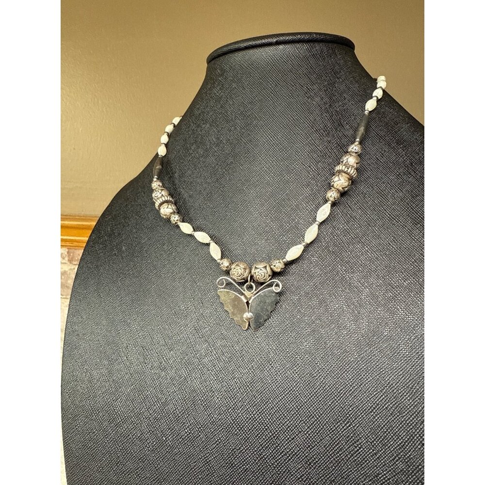 Vintage Silver & White Beaded Necklace With Butterfly Pendant